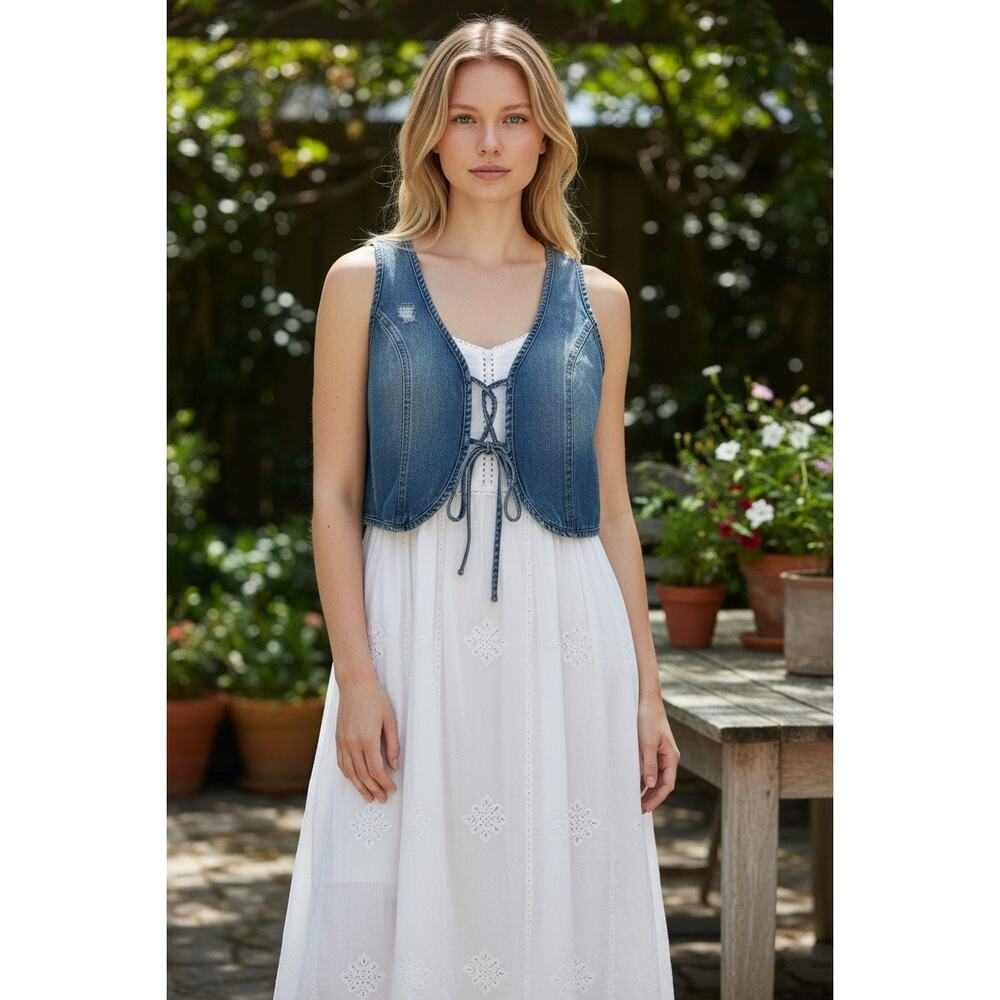 Wild Fable Denim Tie Front Vest Top (Large)Medium Wash Cropped Boho Y2K Coquette